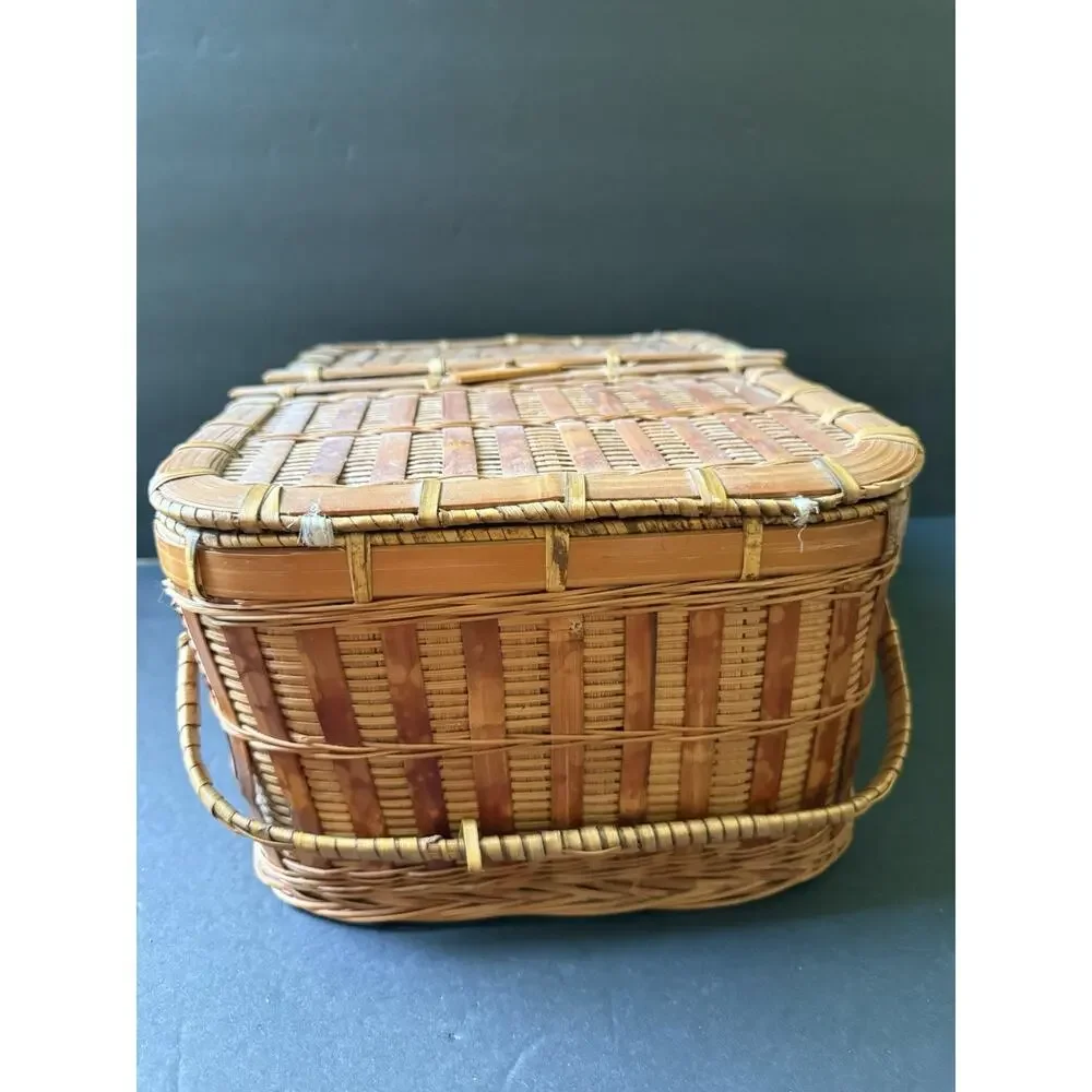 Vintage Bamboo Covered Basket Hinged Top Sewing Picnic Storage Woven Two Handle